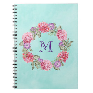 Floral Wreath Watercolor Flowers Custom Monogram Notebook