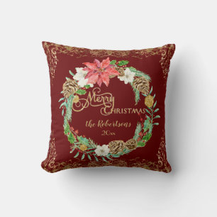 Floral Wreath Watercolor Merry Christmas Red Gold Cushion