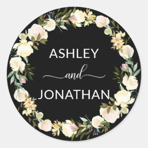 Floral Wreath Wedding Black Beige Labels Seals