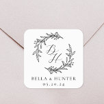Floral Wreath Wedding Initial Monogram Square Sticker<br><div class="desc">Custom-designed wedding logo stickers and labels featuring modern calligraphy with hand-drawn style floral wreath design.</div>