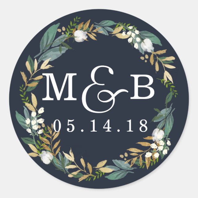 Floral Wreath Wedding Monogram Navy Sticker (Front)