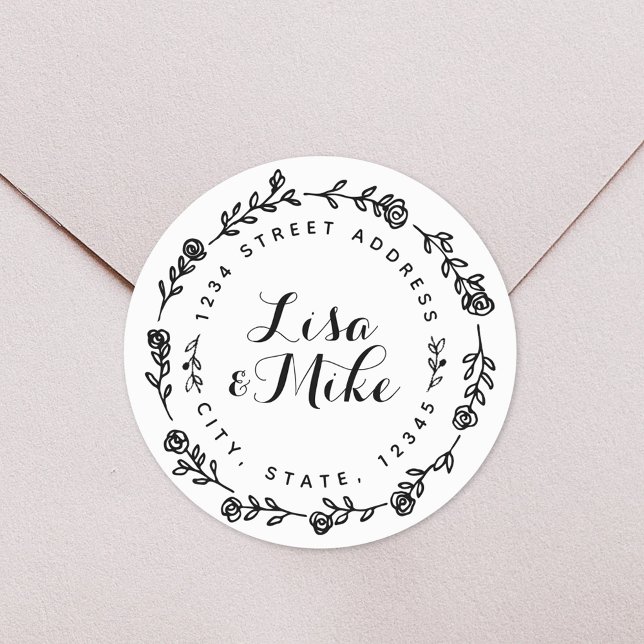 Floral Wreath Wedding Return Address Classic Round Sticker (Creator Uploaded)