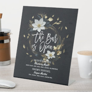 Floral Wreath Wedding The Bar is Open Drink Menu Pedestal Sign