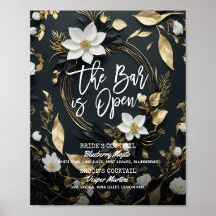 Floral Wreath Wedding The Bar is Open Drink Menu Poster