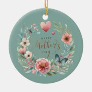 Floral Wreath with a Butterfly Happy Mother's Day Ceramic Ornament