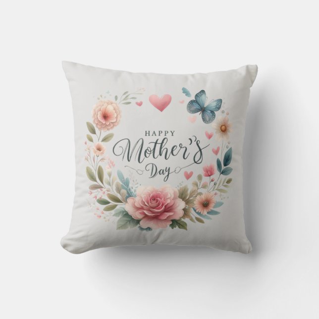 Floral Wreath With A Butterfly, Happy Mother's Day Cushion (Front)