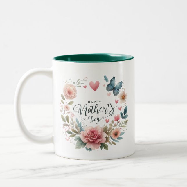 Floral Wreath With A Butterfly, Happy Mother's Day Two-Tone Coffee Mug (Left)
