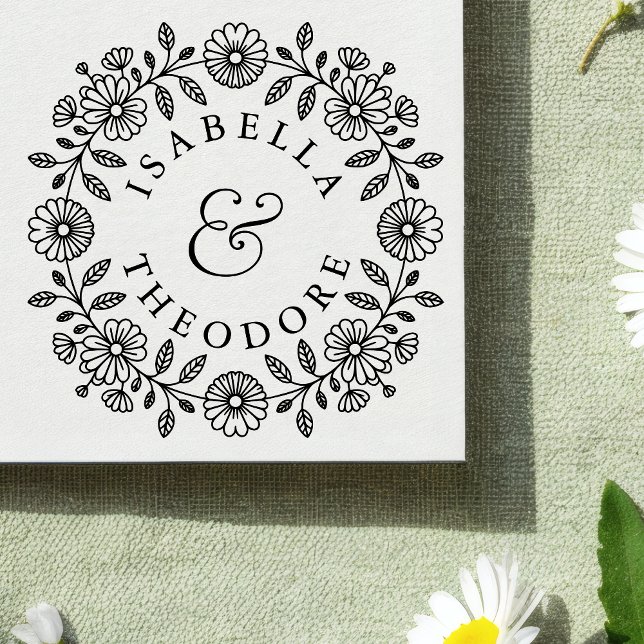 Floral Wreath Wooden Couple's Name Stamp (Creator Uploaded)