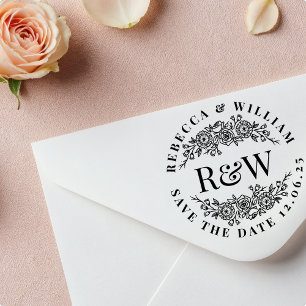 Floral Wreath Wooden Monogram Save The Date Rubber Stamp