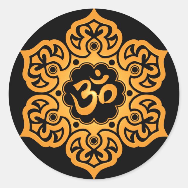 Floral Yellow and Black Aum Design Classic Round Sticker (Front)