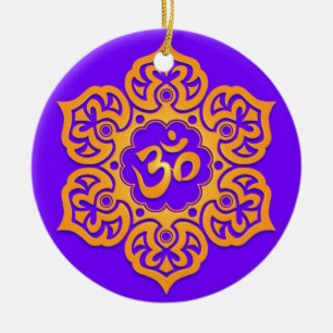 Floral Yellow and Blue Aum Design Ceramic Tree Decoration