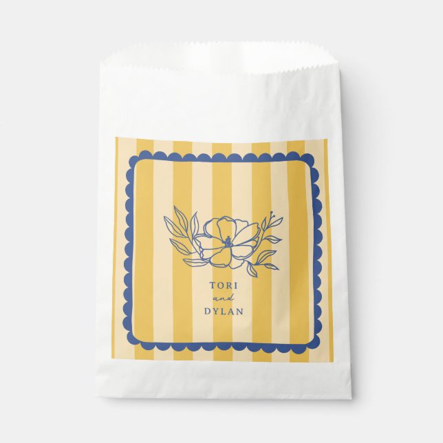 Floral Yellow Blue Botanical Stripe Wedding Favour Bag (Front)