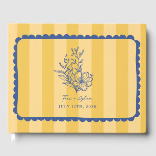 Floral Yellow Blue Bouquet Stripe Wedding Guest Book