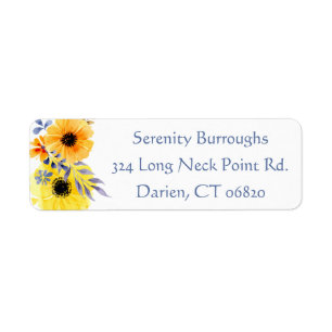 Floral Yellow & Blue Flowers Watercolor Wedding Return Address Label