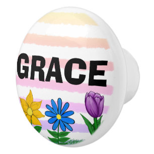 Floral Yellow Blue Purple Watercolor Stripes Name Ceramic Knob