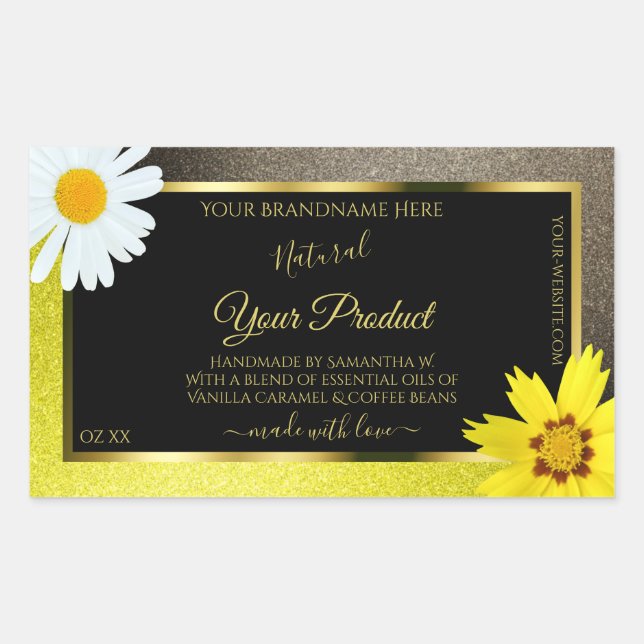 Floral Yellow Brown Glitter Black Product Labels (Front)
