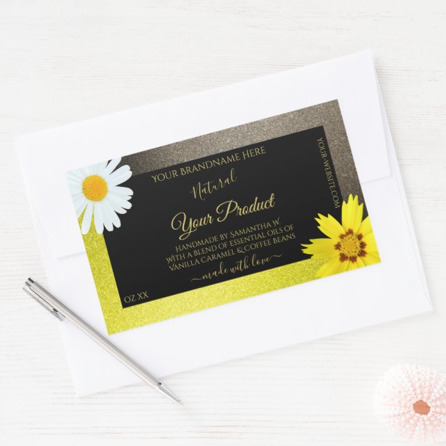 Floral Yellow Brown Glitter Black Product Labels (Envelope)