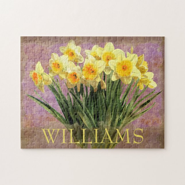 Floral Yellow Daffodil Spring Flowers Monogram Jigsaw Puzzle (Horizontal)