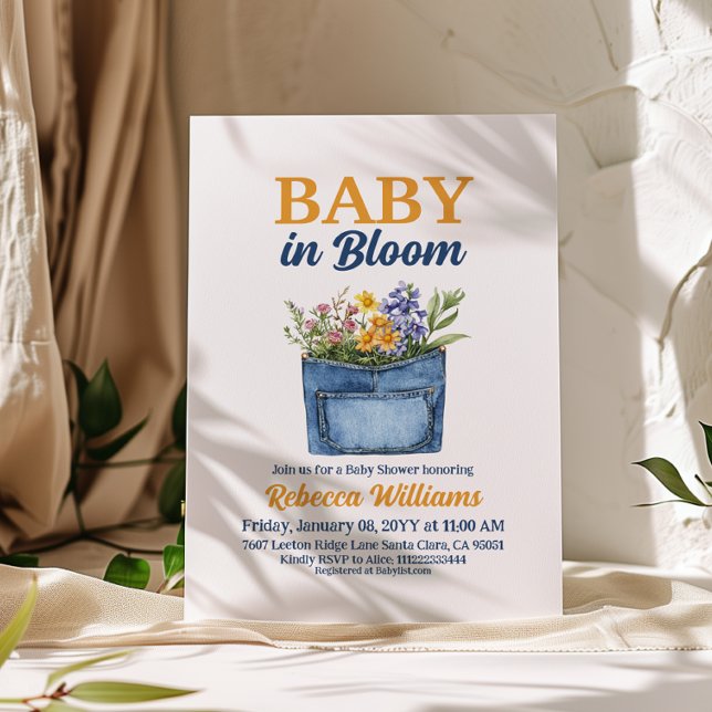 Floral Yellow Denim Pocket Baby In Bloom Shower Invitation (Creator Uploaded)