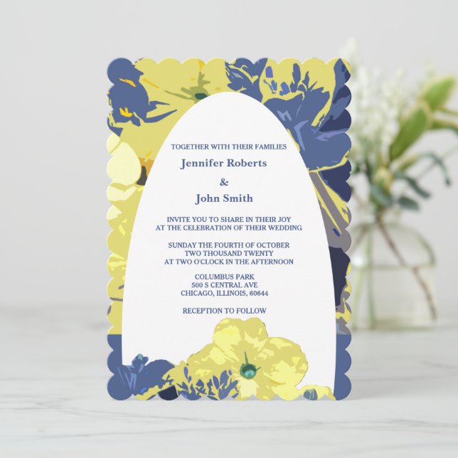 Floral Yellow Dusty Blue Custom Artsy Arch Wedding Invitation (Standing Front)