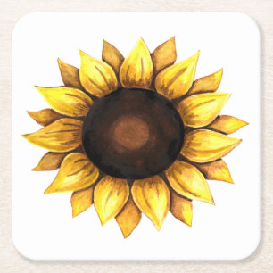 Floral Yellow Flower Watercolor Sunflower Square Paper Coaster