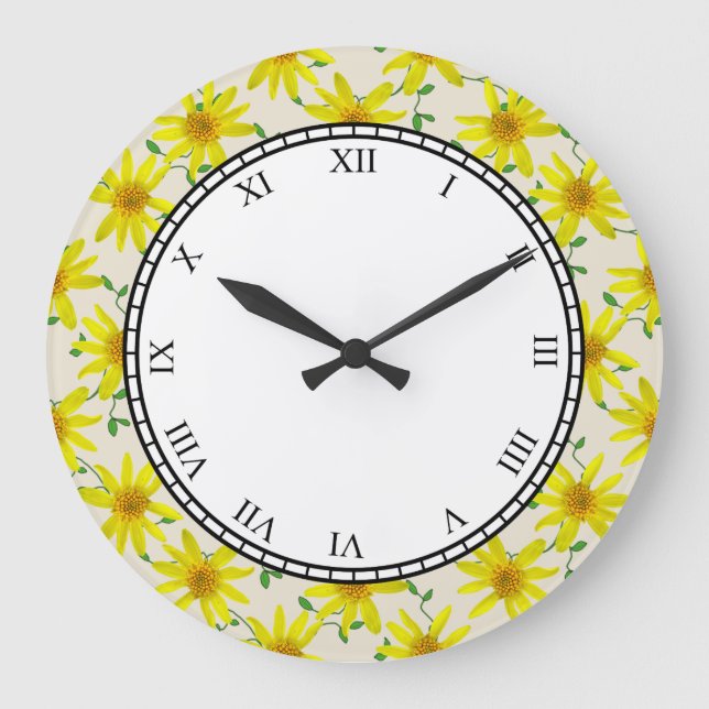 Floral Yellow Garden Flowers Roman Digits Large Clock (Front)