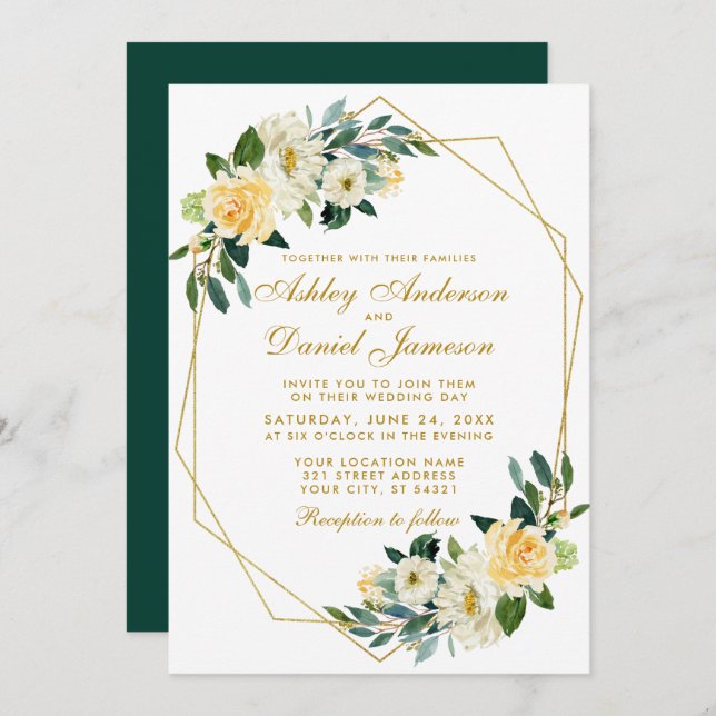 Floral Yellow Gold Hunter Green Geometric Wedding Invitation (Front/Back)