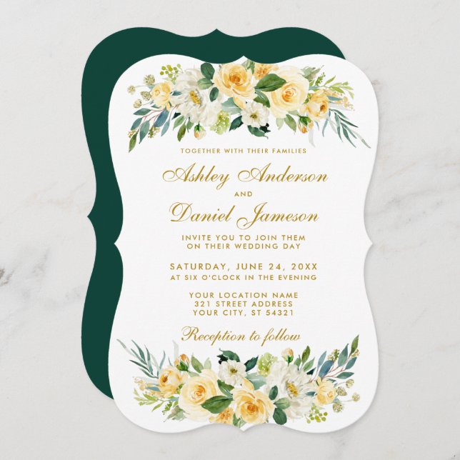Floral Yellow Gold White Hunter Green Wedding Invitation (Front/Back)