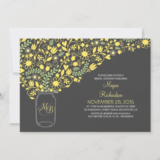 floral yellow grey mason jar cute bridal shower invitation (Front)