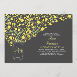 floral yellow grey mason jar cute bridal shower invitation