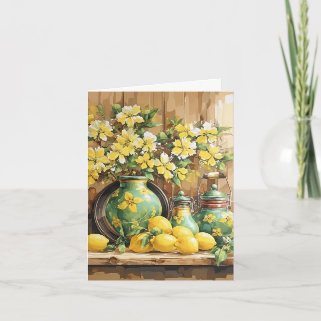 Floral Yellow Lemon Blank Note Card (Front)