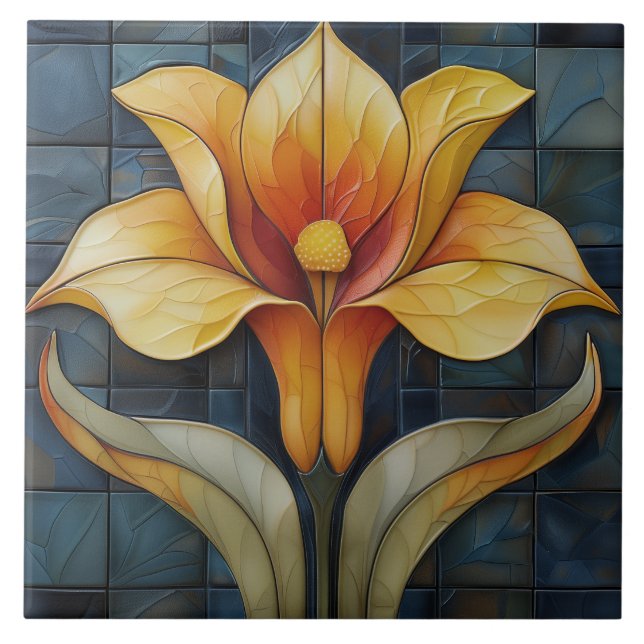 Floral Yellow Lily Art Deco  Ceramic Tile (Front)