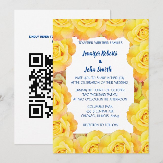 Floral Yellow Navy Blue Rose Cool QR Code Wedding Invitation (Front/Back)
