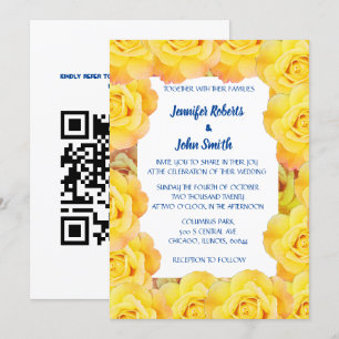 Floral Yellow Navy Blue Rose Cool QR Code Wedding Invitation