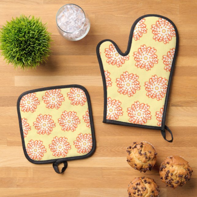 floral yellow  oven mitt & pot holder set (Top Down)