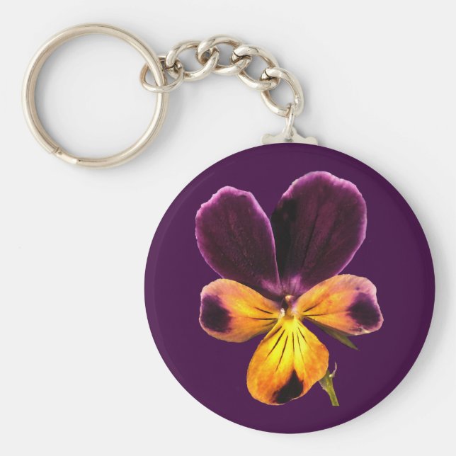 Floral Yellow Purple Pansy Flower Keychain (Front)