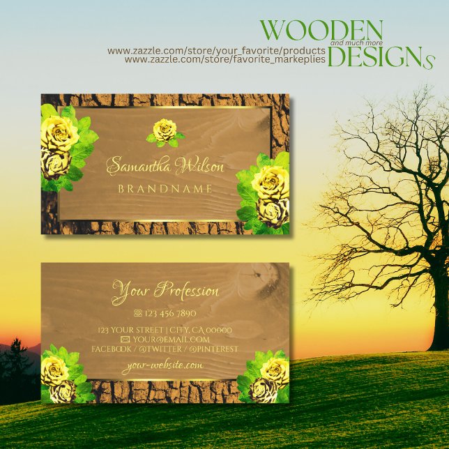 Floral Yellow Roses Wood Grain Rustic Tree Bark Business Card (Creator Uploaded)