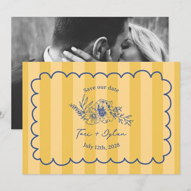 Floral Yellow Stripe Botanical Save The Date Photo (Front/Back)
