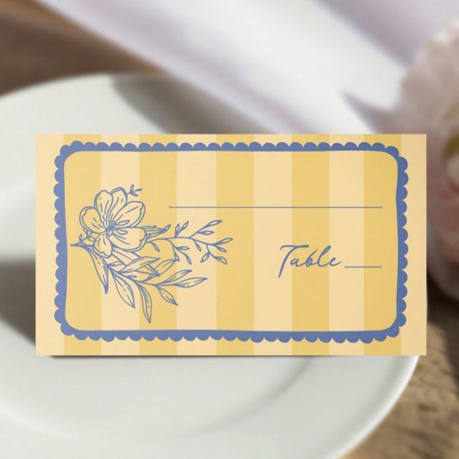 Floral Yellow Stripe Hand Drawn Frame Wedding Place Card (Creator Uploaded)
