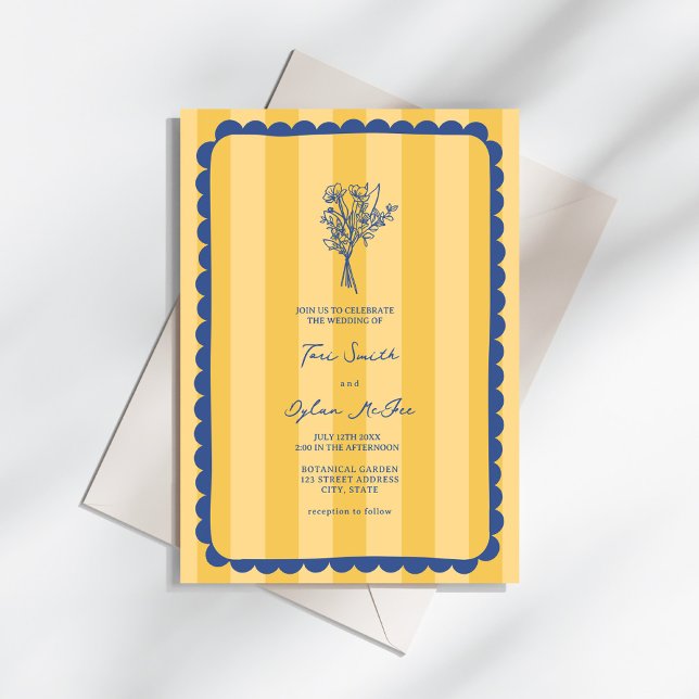 Floral Yellow Stripe Scalloped Border Wedding Invitation (Creator Uploaded)