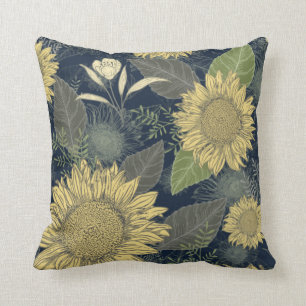 Floral Yellow Sunflower Navy Blue Throw Pillow