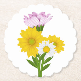 Floral Yellow Sunflower, White Daisy Purple Flower Paper Coaster