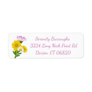 Floral Yellow Sunflower, White Daisy Purple Flower Return Address Label