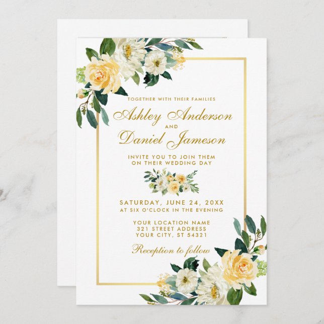 Floral Yellow White Gold Photo Wedding Invitation (Front/Back)