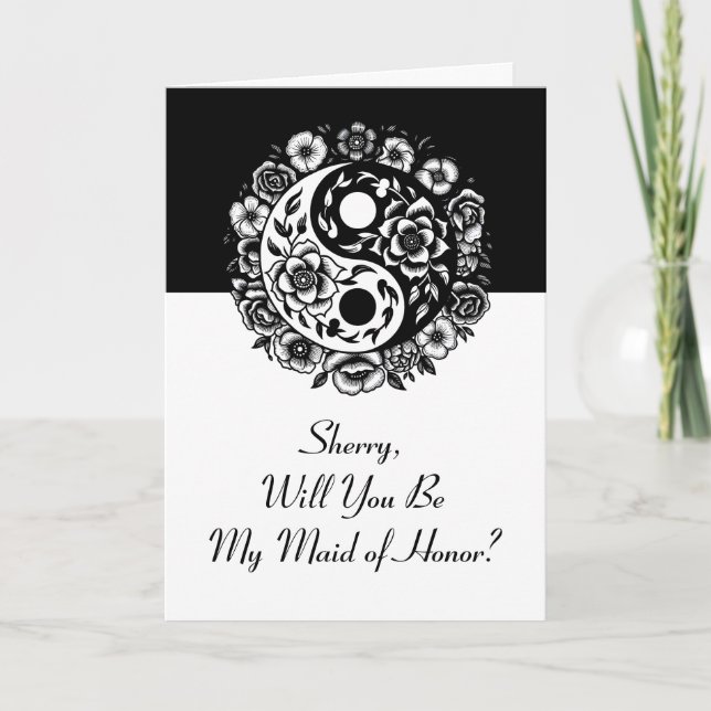 Floral Yin Yang Maid of Honour Proposal Card (Front)