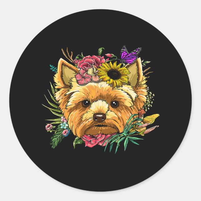 Floral Yorkshire Terrier Botanical Plant Flower Yo Classic Round Sticker (Front)
