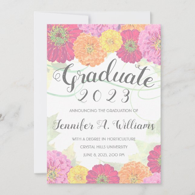 Floral Zinnia Watercolor Grey 2023 Graduate Announcement (Front)