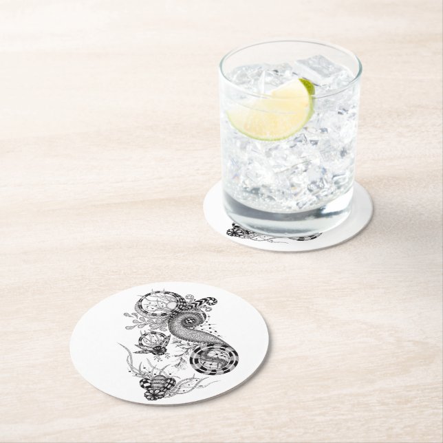Florale Tangle drawing Round Paper Coaster (Insitu)