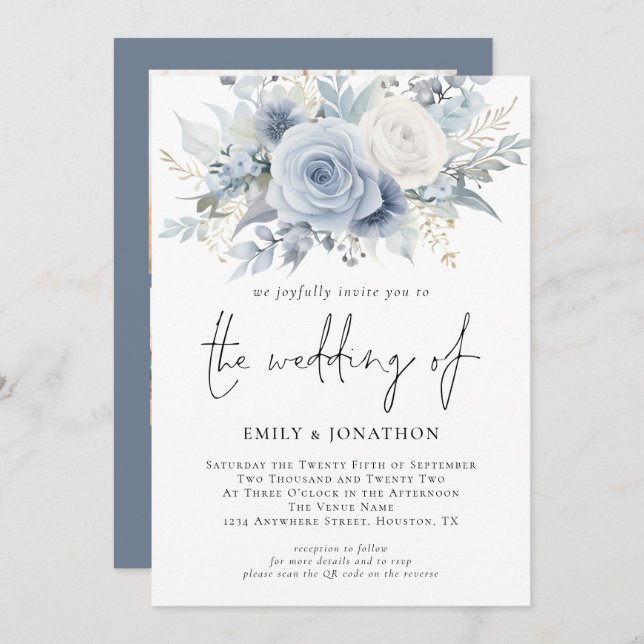Florals 3 Photos QR Code Dusty Blue Wedding Invitation (Front/Back)