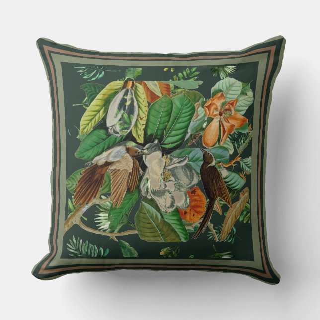 Florals Birds Dark Green  Cushion (Front)